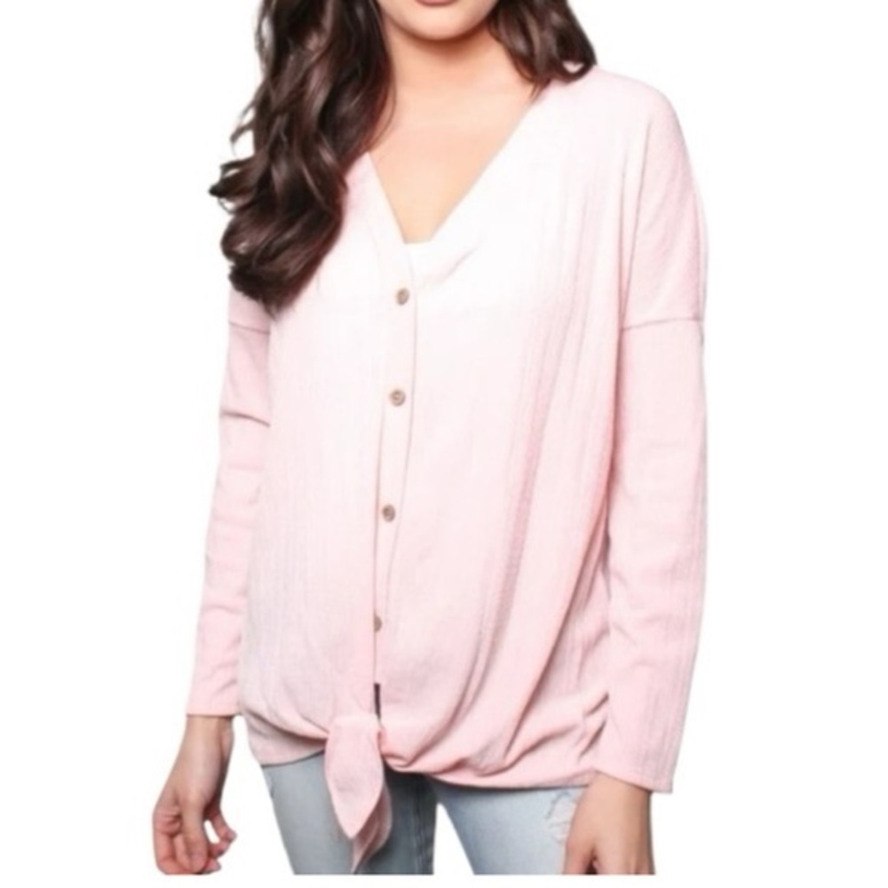 New Blue Mint pink button down V neck blouse with bottom tye. Never worn.